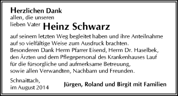 Traueranzeige von Heinz Schwarz von Pegnitz-Zeitung
